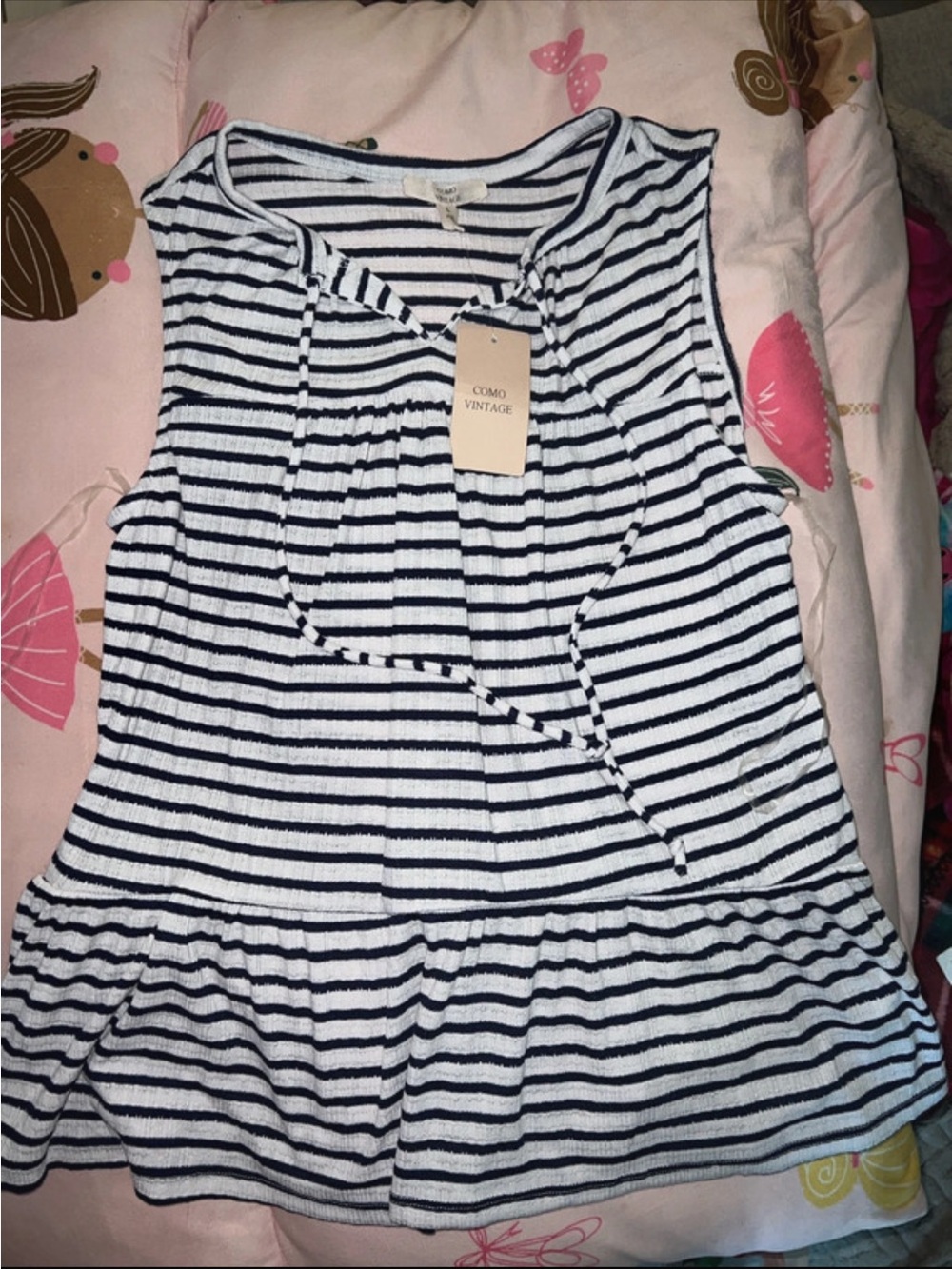 Como Vintage White and Navy Striped Peplum Top